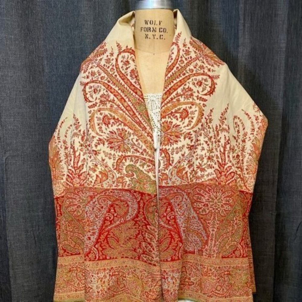 1800’s Wool Paisley Shawl -extra large! 146” x 64” - Picture 4 of 16